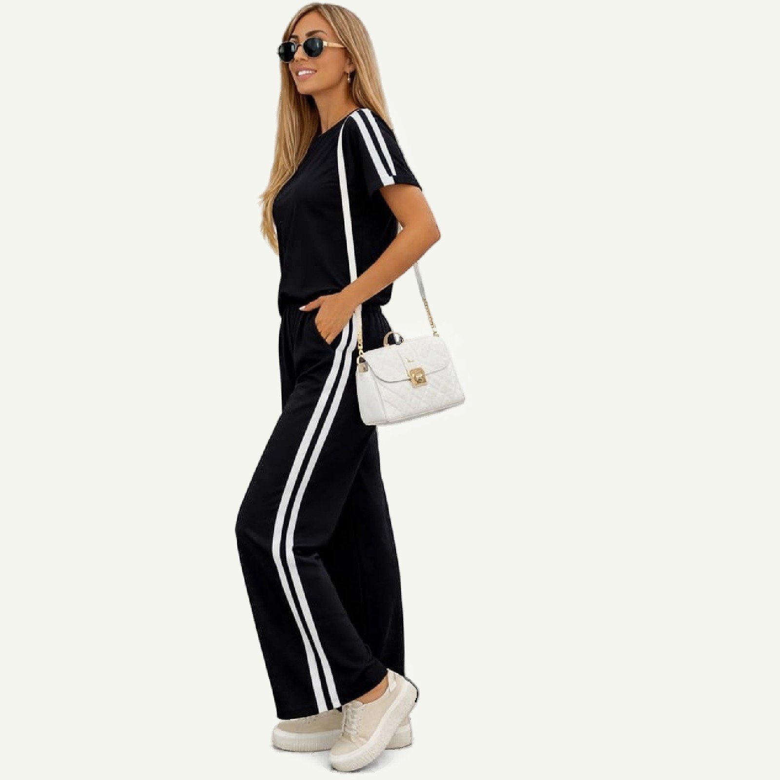 Σετ φόρμας μπλε με ρίγα στο πλάι & oversized t-shirt One Size - Image 3