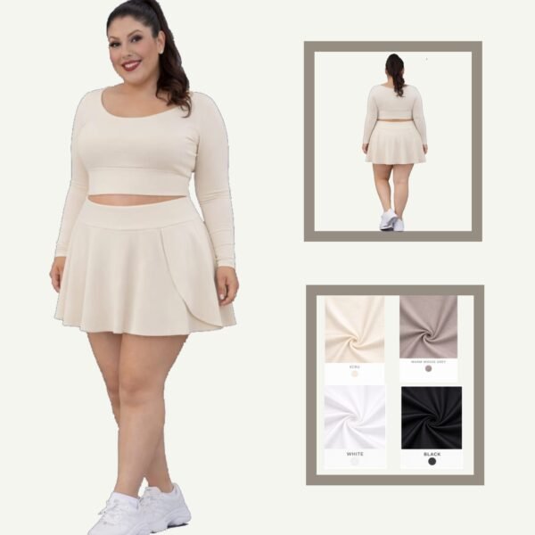 Plus Size Αθλητικό Σετ Λύκρα με Φούστα & Εσωτερικό Σορτς – Μακρυμάνικο Crop Top Eκρού