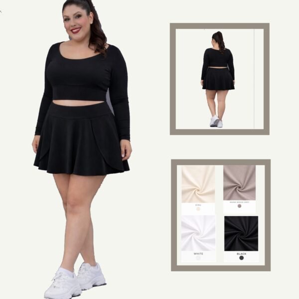 Plus Size Αθλητικό Σετ Λύκρα με Φούστα & Εσωτερικό Σορτς – Μακρυμάνικο Crop Top Μαύρο