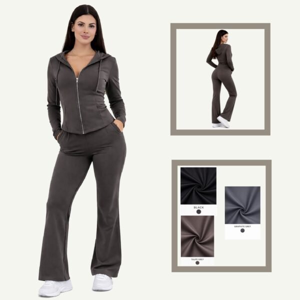Αθλητικό Σετ Λύκρα με Ζακέτα & Wide Leg Fit Παντελόνι Taupe Grey