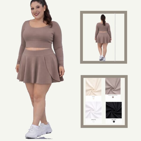 Plus Size Αθλητικό Σετ Λύκρα με Φούστα & Εσωτερικό Σορτς – Μακρυμάνικο Crop Top Beige