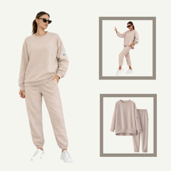 Σετ φόρμας μπεζ oversize με μπλούζα ασύμμετρη και παντελόνι με λάστιχο