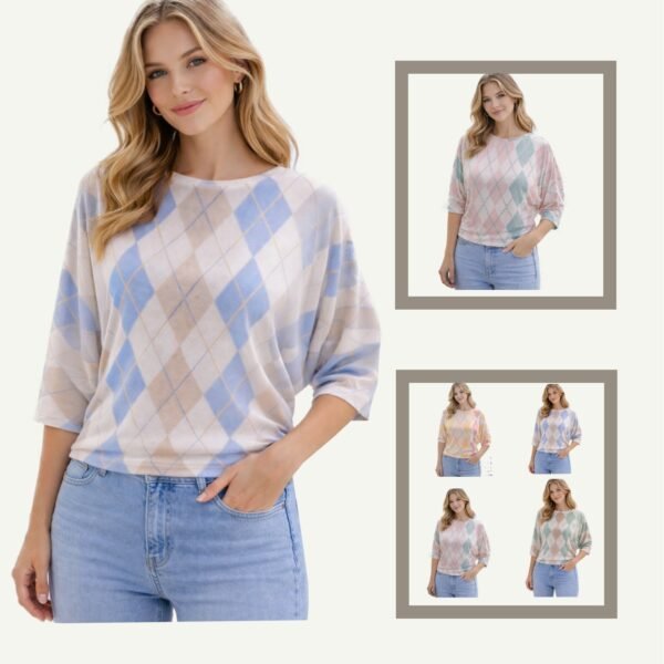 Γυναικεία Μπλούζα Oversized με Ρόμβους Argyle – Pastel Collection
