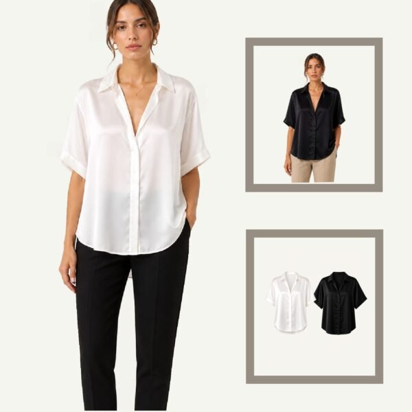Γυναικείο Σατέν Πουκάμισο Oversized με Κοντό Μανίκι – White / Black