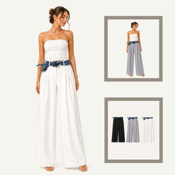 Γυναικεία Wide Leg Παντελόνα με Denim Ζώνη – Black / Grey / Off White