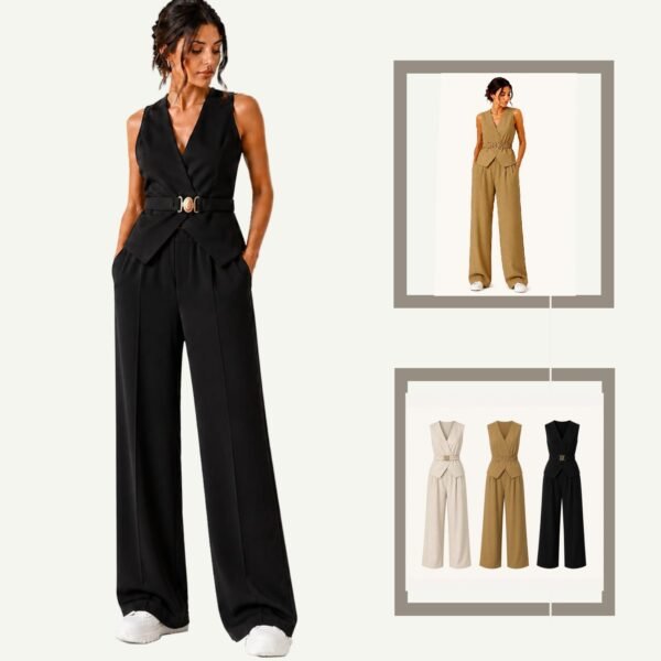 Γυναικείο Tailored Σετ Γιλέκο & Wide Leg Παντελόνα – Beige / Taupe / Black